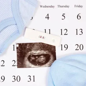 Pregnancy test, ultrasound scan of baby and clothing for newborn on calendar